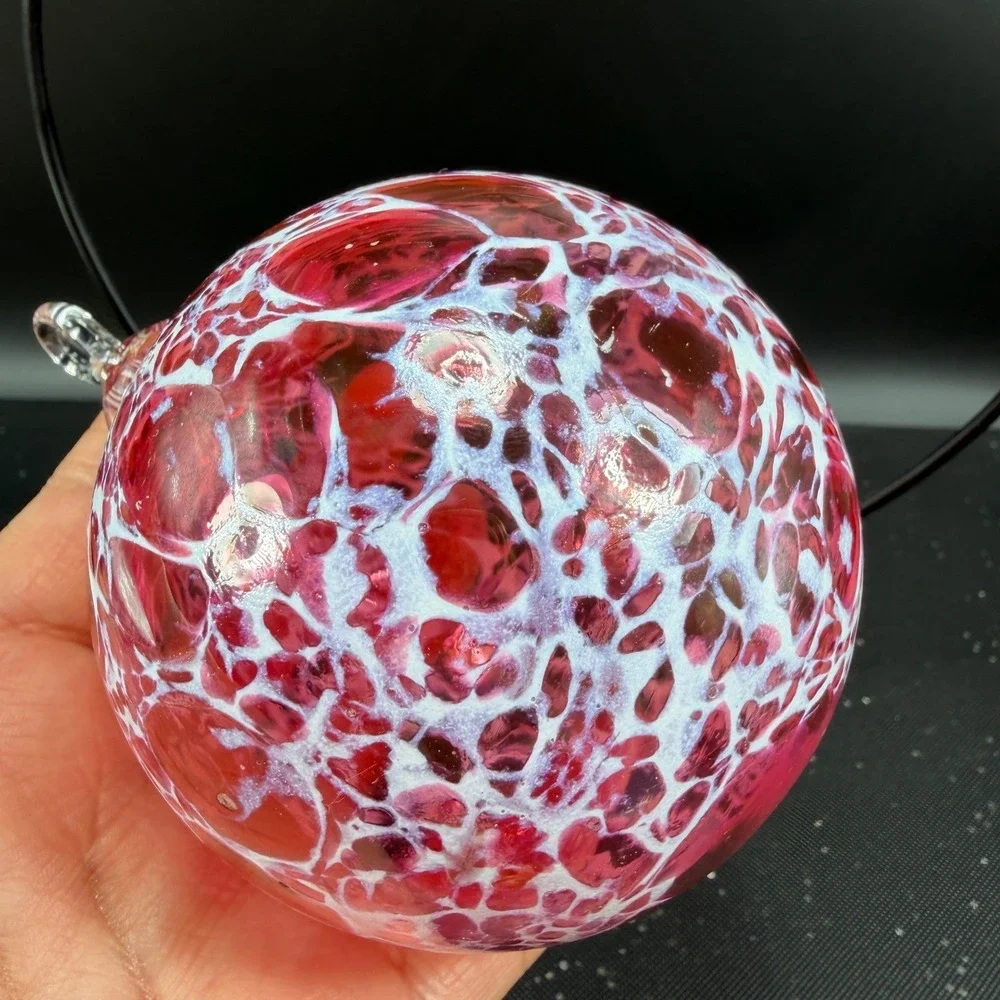 Hand Blown Glass Friendship Ball Ornament Pink‎ White Speckled Heart Stand VTG